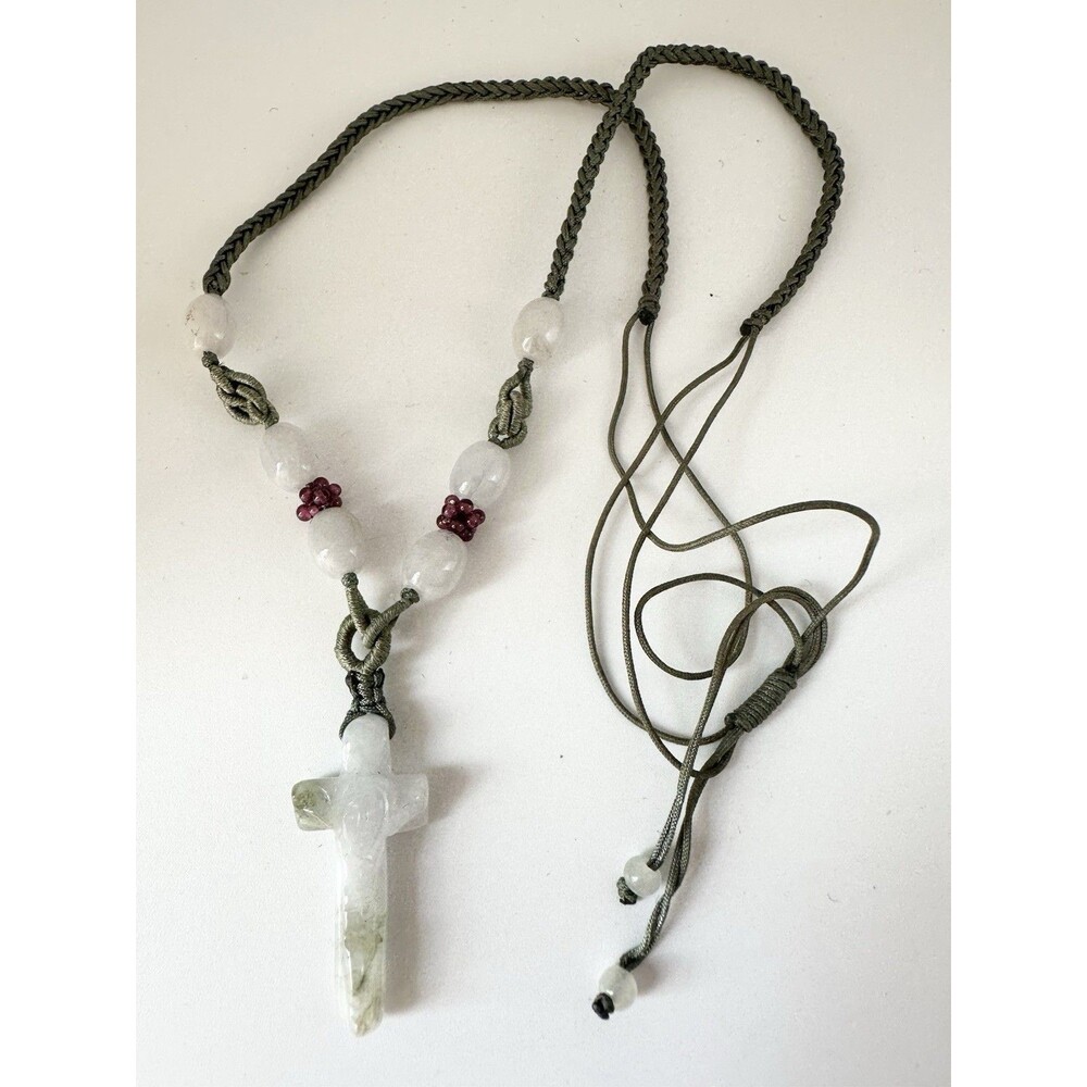 Natural Jade Carved Cross Necklace With Garnet Bead 26”